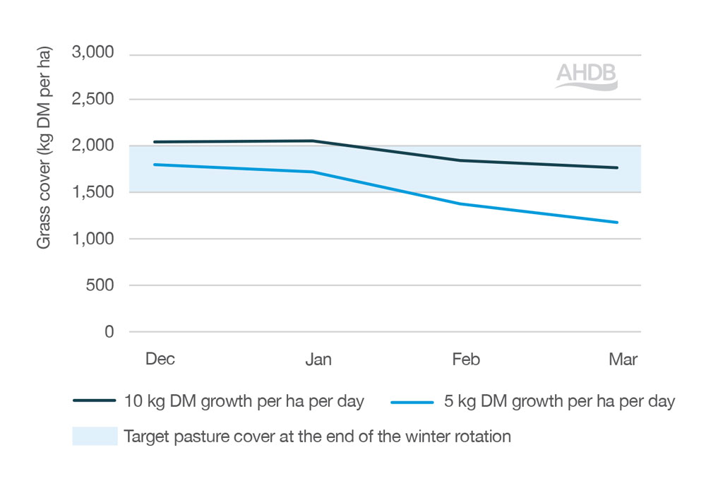 Graph comparing two winter grass growth scenarios with the spring cover target of between 1,500 and 2,000kg DM per ha.